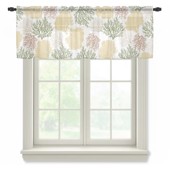 Coastal Ocean Coral Semi Sheer Valance Curtains, Green Yellow Pink Theme Pattern Voile Valances Curtain Rod Pocket Small Window Treatment for Kitchen Bathroom Cafe 54"x18"