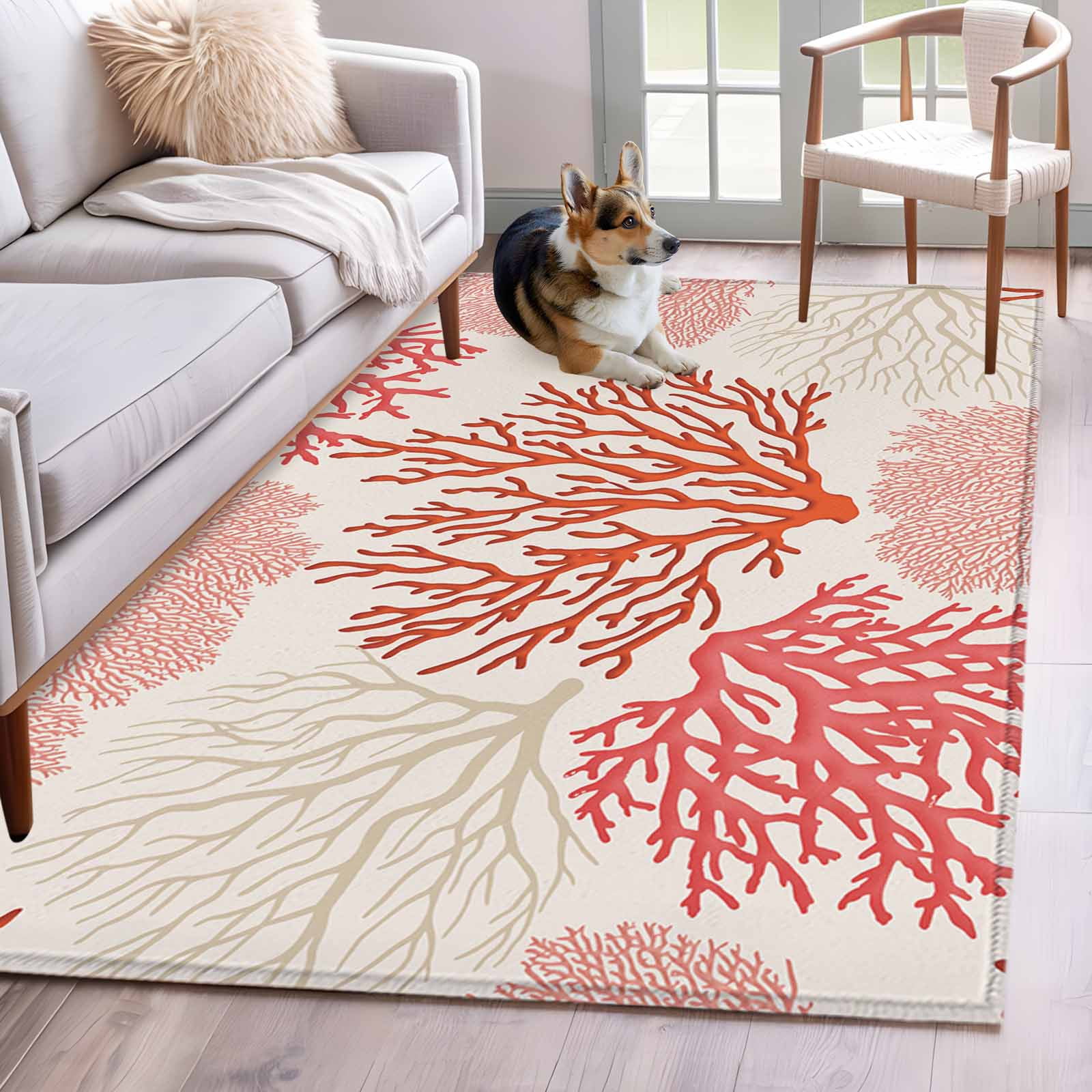 Coastal Ocean Coral Washable Area Rug 3x5 Red Pink Theme Pattern Low ...