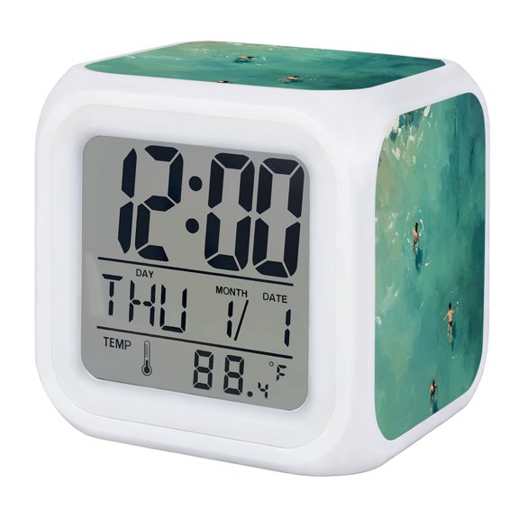 Coastal Ocean Digital Alarm Clock for Bedrooms, Smart LED Alarm Clock with 7 Color Changing Night Light, Rustic Nautical Summer Green Sea Waves Silent Wake Up Clocks for Sleep Study Cooking 3.2"x3.2"