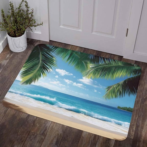 Coastal Ocean Door Mat 16 x 24 Indoor Outdoor Entry Rug Sandy Beach Palm Tree Blue Sky Design Non Slip Rubber Back Welcome Mat for Front Door Garden Patio