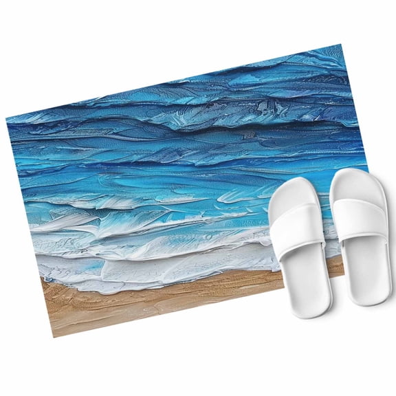 Coastal Ocean Door Mat Beach Dark Blue Waves Gradient Oil Painting Non Slip Absorbent Entrance Mat Washable Low Profile Indoor Doormat for Front Door Entryway Entry 16"x24"