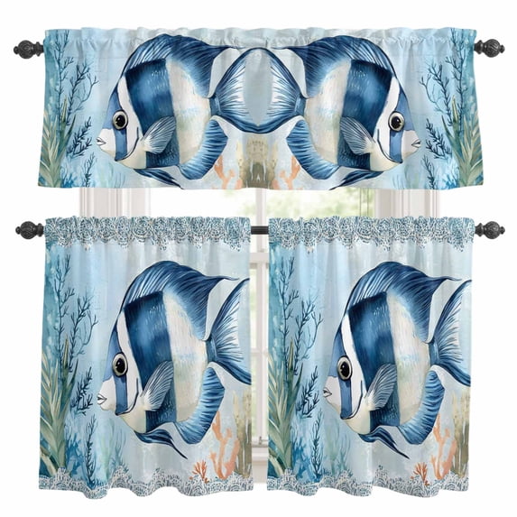 Coastal Ocean Fish Kitchen Curtains Sets for Windows 24 Inch Length, Summer Watercolor Coral Rod Pocket Window Treatments Tier Curtains and Valances Set for Bedroom/Bathroom