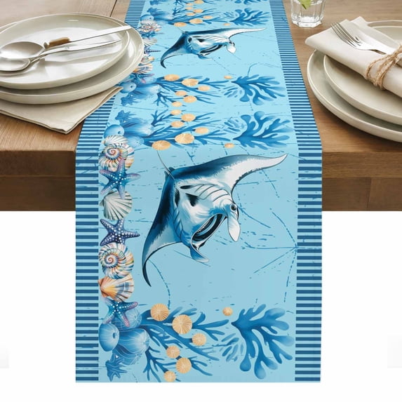 Coastal Ocean Fish Table Runner Nautical Beach Starfish Coral Seashells ...