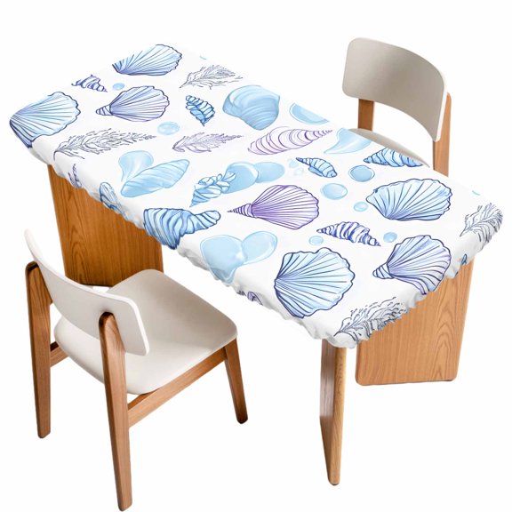 Coastal Ocean Fitted Rectangle Tablecloth 24" x 36" Blue Purple Shell Conch Elastic Table Cloth Fits for 3 Foot Folding Tables Waterproof Table Cover for Picnic Camping Outdoor