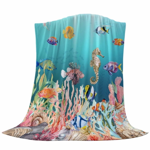 Coastal Ocean Fleece Throw Blanket Seahorse Coral Seaweed Seashell Fish Fantacy Ultra Soft Fuzzy Cozy Flannel Throw Blanket for Couch Sofa Bed Car Travel, Ideal Gifts 40x50 Inches