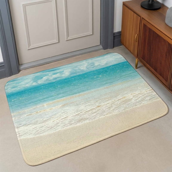 Coastal Ocean Front Door Mat Indoor Entrance, Ocean Waves Beach Sea Shore Absorbent Dirt Resist Welcome Mats Non-Slip Low-Profile Doormat Washable Entry Rug Indoor Outdoor 17x30 Inch