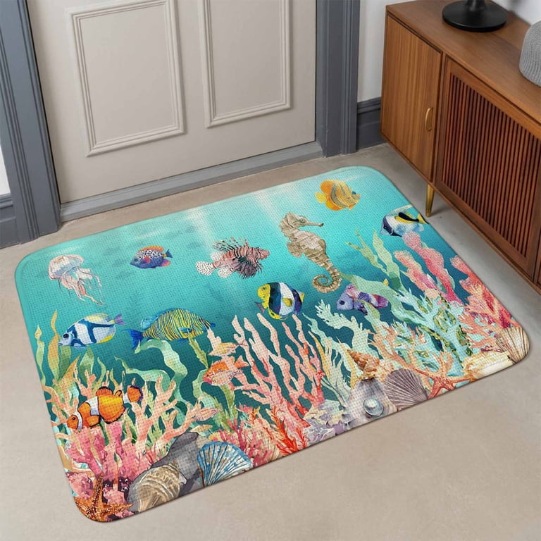 Coastal Ocean Front Door Mat Indoor Entrance, Seahorse Coral