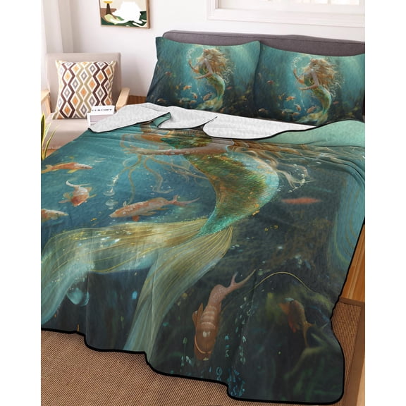 Coastal Ocean Full Size Down Alternative Comforter, Lightweight Comforter Quilt Bedding Set with Pillow Shams Tropical Fish Sea Animals Seaweed Green All Seasons Bed Comforter Duvet Insert 78"x90"