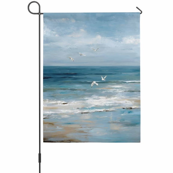 Coastal Ocean Garden Flags For Outdoor, Summer Beach Seagull Oil Painting Small Double Side Yard Flags Weather Proof Garden Decor for Lawn Outside Holiday 12 x 18 Inches
