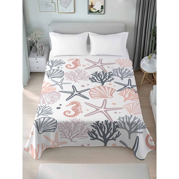 Coastal Ocean King Size Flat Sheet, Wrinkleproof & Fadeproof Cooling Flat Bed Sheet Only, Green Pink Coral Starfish Seahorse Shell Breathable Soft Bedding Top Sheets 105 x 98 Inches