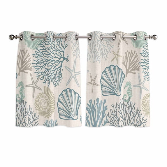 Coastal Ocean Kitchen Curtains Short 54 Inch Length, Vintage Coral Starfish Shell Seahorse Grommet Top Bedroom Living Room Curtains, Light Filtering Cafe Curtain Drapes 2 Panels Set 84''x54''