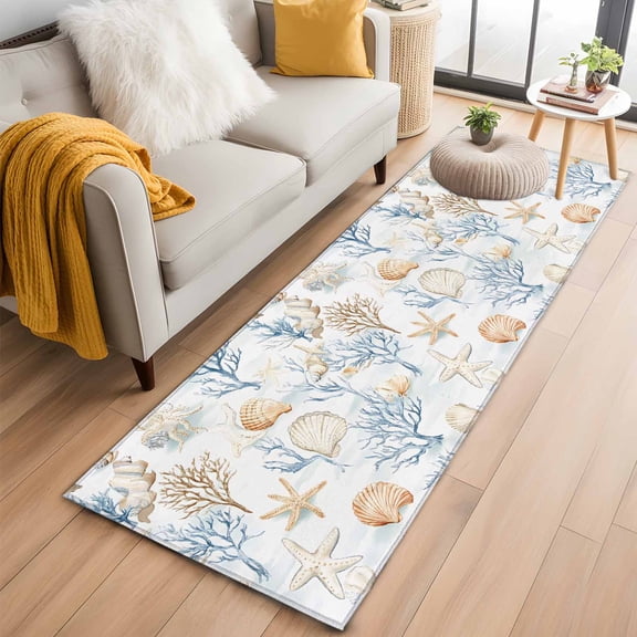 Coastal Ocean Kitchen Runner Rug 2x6 Washable Runners for Hallway Non Slip Coral Starfish Beach Marine Blue Summer Large Area Rug Indoor Floor Carpet for Bathroom Laundry Entryway Bedroom Living Room