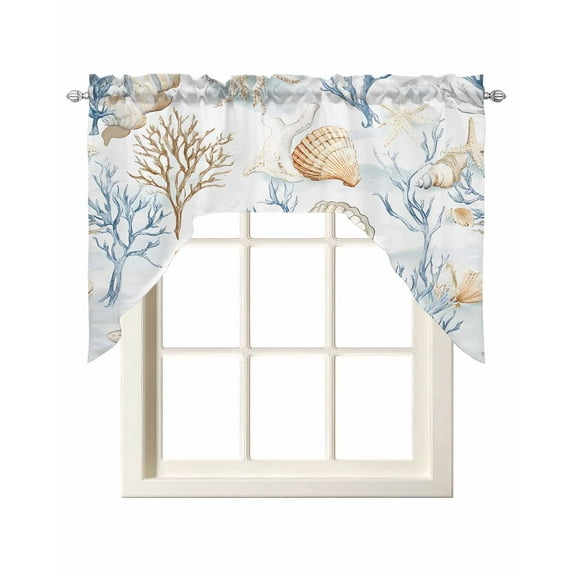Coastal Ocean Kitchen Swag Valances for Windows, Coral Starfish Beach Marine Blue Summer Swag Valances Curtains for Living Room, Rod Pocket Window Treatments for Bathroom, Bedroom, Cafe, 56"x36"