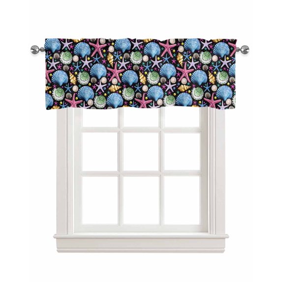 Coastal Ocean Kitchen Valances for Windows Farmhouse Linen Window Valance Curtain for Living Room Window Treatment Blue Pink Shell Starfish Gold Sea Conch Valance Rod Pocket Topper, 42 x 18 Inch