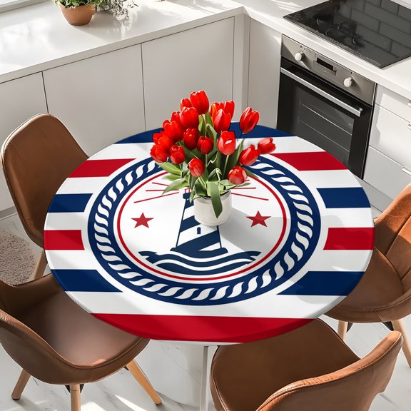 Coastal Ocean Lighthouse Round Fitted Tablecloth with Elastic Edge,Waterproof Table Cloth Fits 36"-44" Tables,Wipeable Table Cover for Indoor Outdoor Dinning Party,Marine Navy Blue Red Stripe