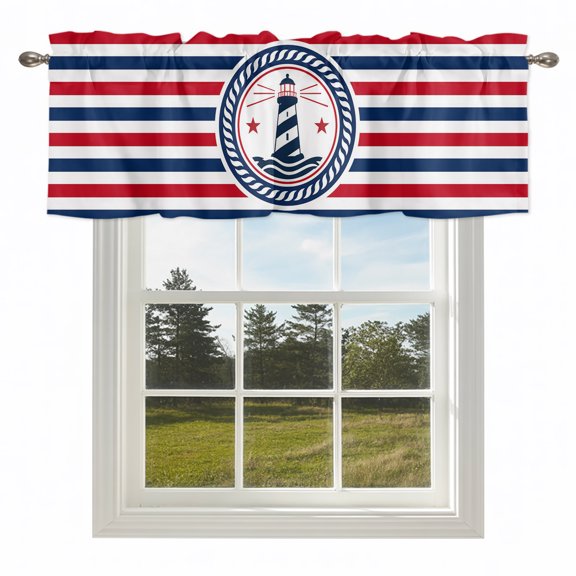 Coastal Ocean Lighthouse Valances for Windows,Rod Pocket Valance for Kitchen Bedroom Bathroom Living Room, Marine Navy Blue Red Stripe Window Valance Curtain Farmhouse Short Curtains 54x18in
