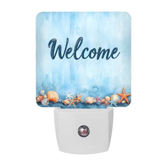 Coastal Ocean Night Lights Plug Into Wall, LED Dusk to Dawn Sensor Night Light, Blue Starfish Shell Watercolor Nightlight for Bedroom Bathroom Living Room Hallway Home Wall Decor