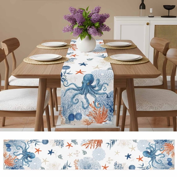 Coastal Ocean Octopus Coral Shell Table Runner 13x60in Non-Slip Cotton ...