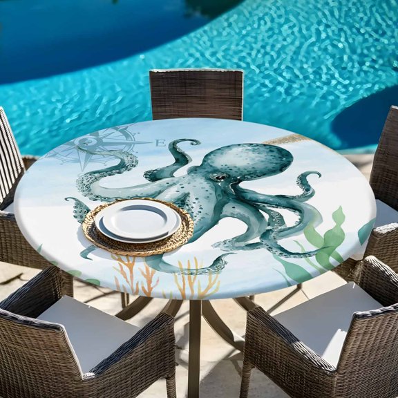 Coastal Ocean Octopus Sea Monster Round Fitted Tablecloth with Elastic Edge,Waterproof Table Cloth Fits Tables Up to 45"-54",Washable Table Cover for Indoor Outdoor Dinning Party,Blue Marine Life