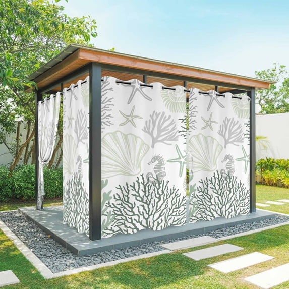 Coastal Ocean Outdoor Curtains for Patio Waterproof,Windproof Privacy Curtains with Weighted Bottom,Sage Green Grey Coral Starfish Shell Outside Drapes for Picnic Garage Yard Cabana 54"x95" 2 Panel