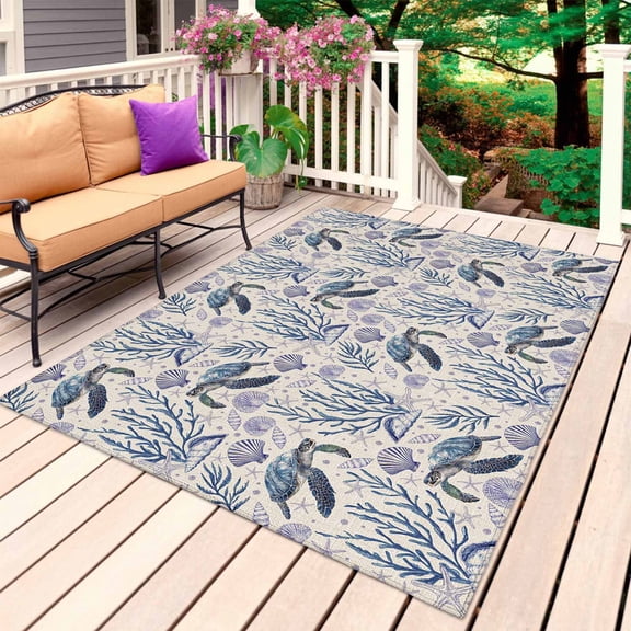 Coastal Ocean Outdoor Rug for Patio/Deck/Porch, Non-Slip Large Area Rug 5 x 7 Ft, Blue Turtle Starfish Retro Coral Shell Indoor Outdoor Rugs Washable Area Rugs, Reversible Camping Rug Carpet Runner
