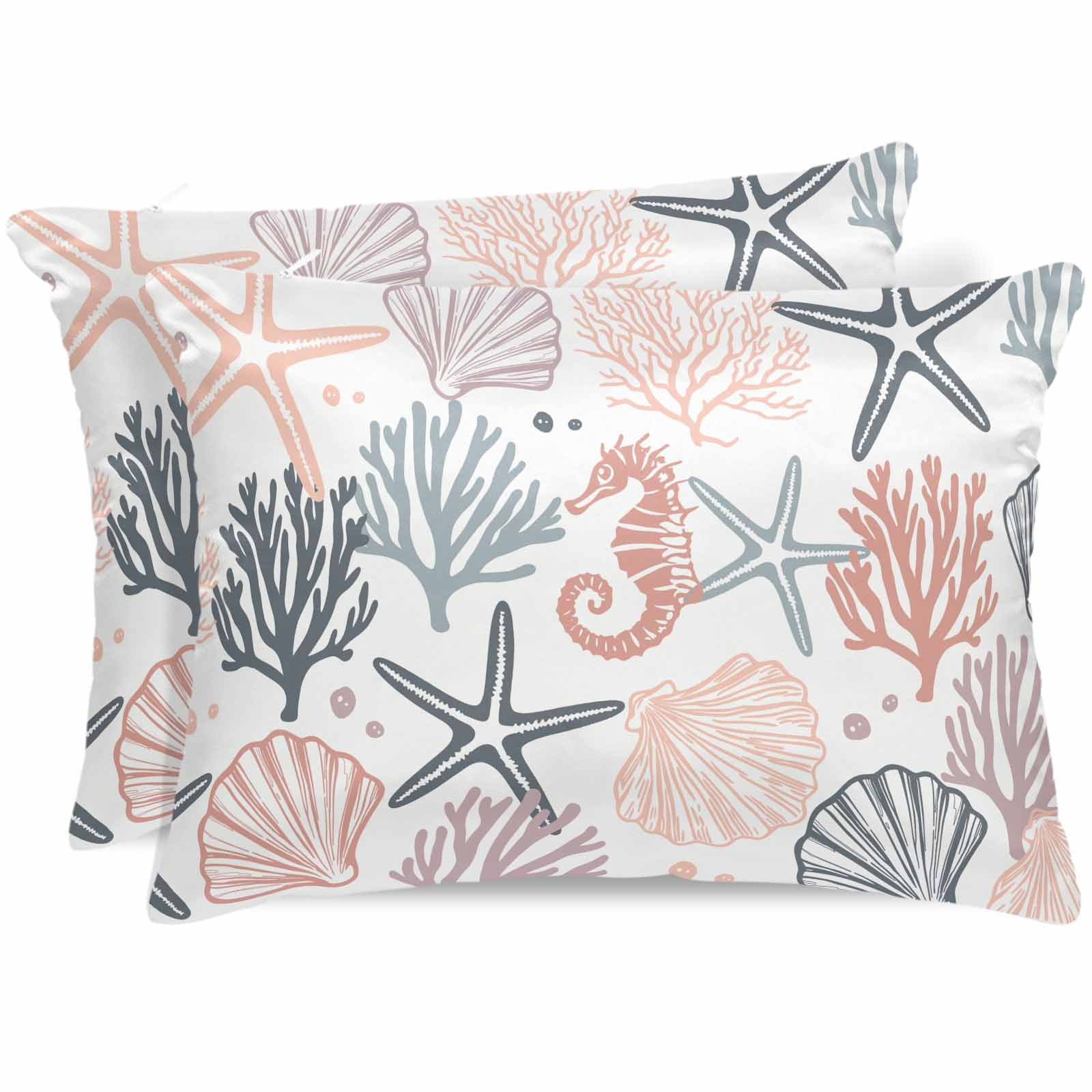 Coastal Ocean Pillow Cases Queen Size Set of 2, Smooth Satin Pillowcase for Hair and Skin, Green Pink Coral Starfish Seahorse Shell Decorative Cooling Bed Pillow Covers with Zipper, 20x30 Inches