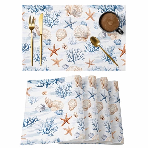 Coastal Ocean Placemats Set of 12 Coral Starfish Marine Life Shell Conch Place Mats Indoor Wipeable Table Mats Washable Cloth Dining Table Placemats for Kitchen Holiday Party Home Decor 13x19 Inch