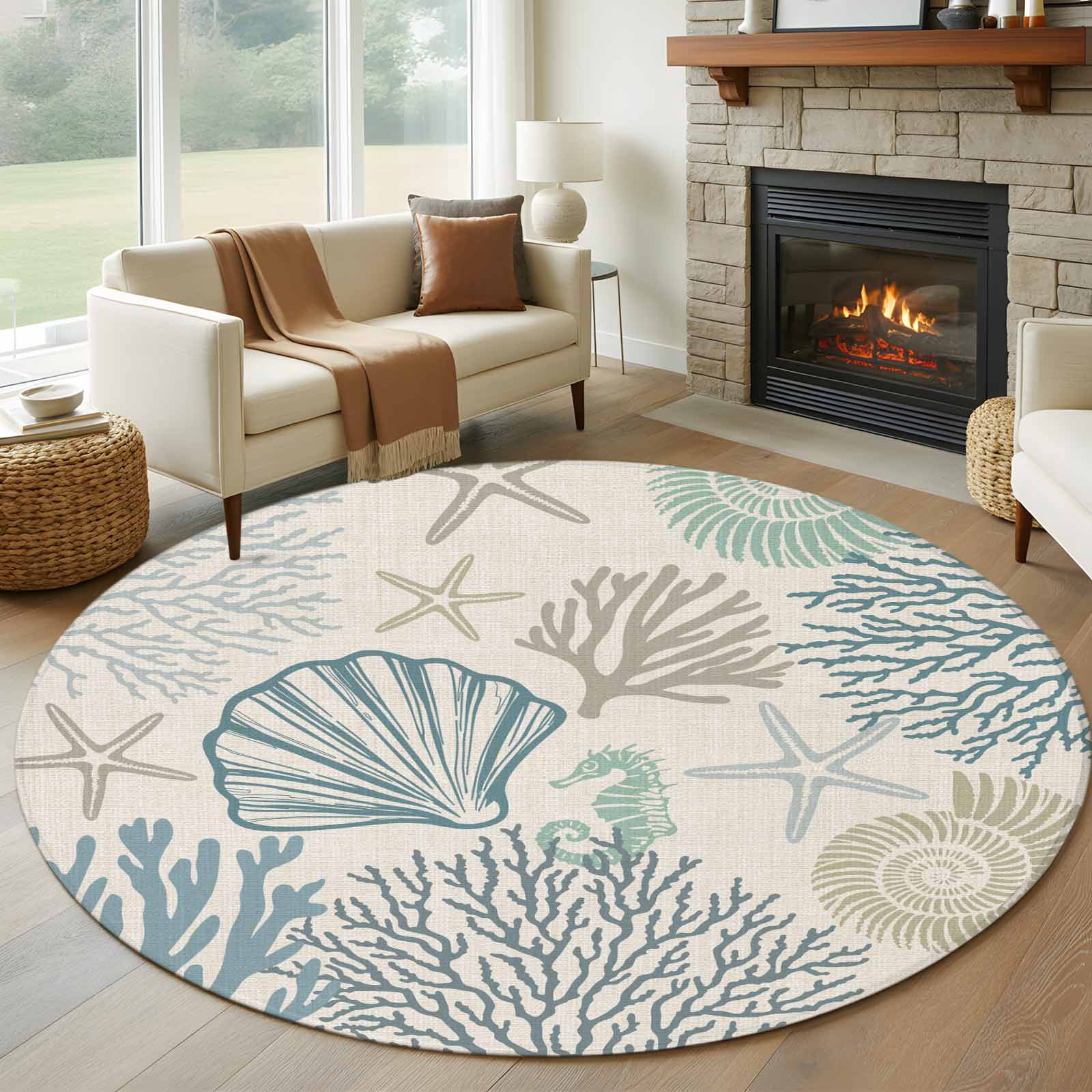 Coastal Ocean Round Area Rug 6 FT, Non Slip Bedroom Rugs, Vintage Coral ...