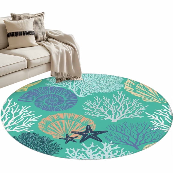 Coastal Ocean Round Area Rug 4ft Starfish Shell Coral Green Texture Non-Slip Washable Circle Rugs Soft Felt Indoor Floor Mat for Bedroom Kitchen Living Room Bathroom