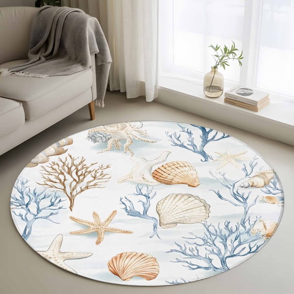 Coastal Ocean Round Living Room Rugs 3.3 ft, Blue Yellow Coral Shell Starfish Marine Life Washable Area Rug with Non-Slip Sturdy Edge Binding Round Front Door Mat Floor Carpet for Entryway
