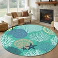 thumbnail image 1 of Coastal Ocean Round Living Room Rugs 5 ft, Starfish Shell Coral Green Texture Washable Area Rug with Non-Slip Sturdy Edge Binding Round Carpet for Entryway Kitchen Bedroom Bathroom, 1 of 9