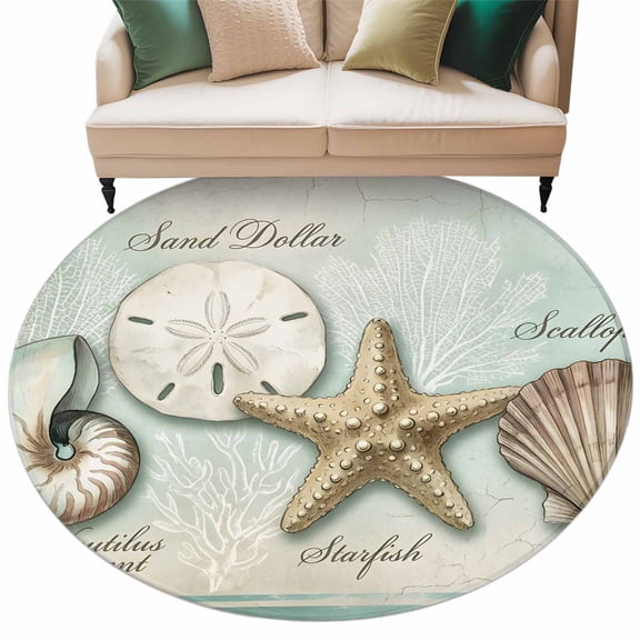 Coastal Ocean Round Living Room Rugs 6 ft, Sand Dollar Shells Starfish Teal Green Retro Washable Area Rug with Non-Slip Sturdy Edge Binding Round Carpet for Kitchen Office Bedroom
