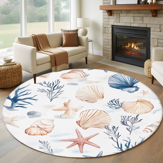 Coastal Ocean Round Living Room Rugs 8 ft, Blue Yellow Shell Coral Starfish Marine Life Washable Large Area Rug with Non-Slip Sturdy Edge Binding Round Carpet for Dining Room Kitchen Office