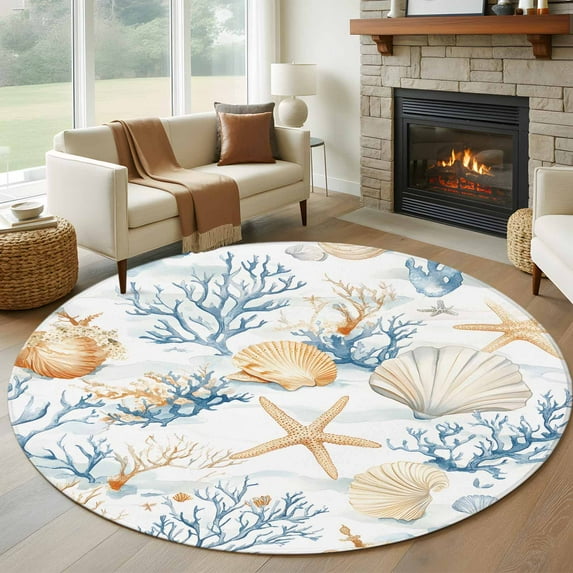 Coastal Ocean Round Rug 5ft Washable Circle Kitchen Rugs Non Slip Blue ...