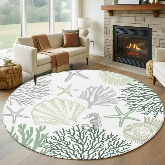 Coastal Ocean Round Rug 5ft Washable Circle Kitchen Rugs Non Slip Sage ...
