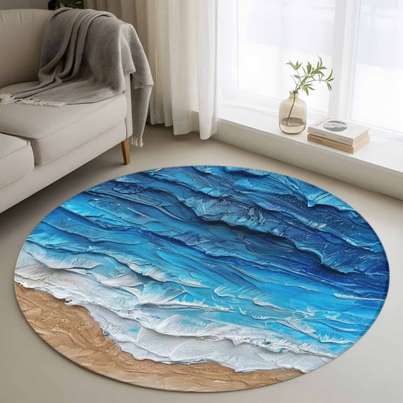 Coastal Ocean Round Rugs for Living Room 3ft Beach Dark Blue Waves Gradient Oil Painting Non Slip Circle Rug Washable Low-Profile Indoor Carpet for Bedroom, Dining Room, Bathroom
