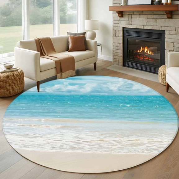 Coastal Ocean Round Rugs for Living Room 7ft Ocean Waves Beach Sea Shore Non Slip Circle Rug Washable Low-Profile Indoor Carpet for Bedroom, Dining Room, Bathroom