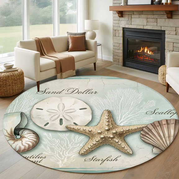 Coastal Ocean Round Rugs for Living Room 7ft Sand Dollar Shells Starfish Teal Green Retro Non Slip Circle Rug Washable Low-Profile Indoor Carpet for Bedroom, Dining Room, Bathroom
