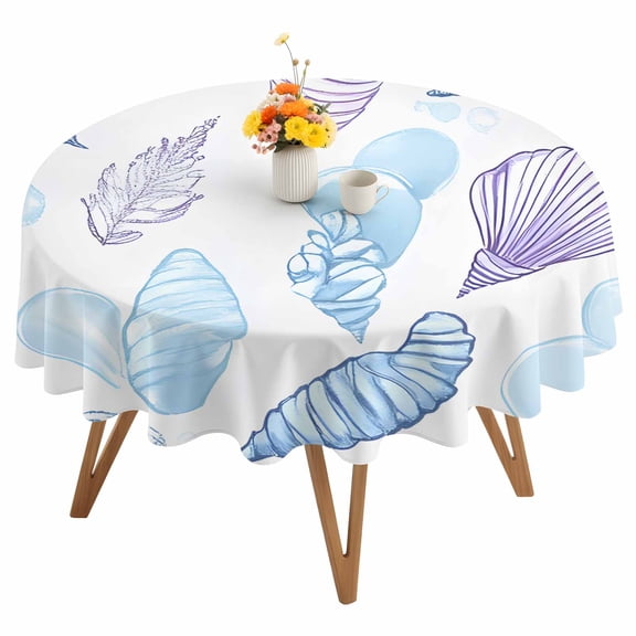 Coastal Ocean Round Tablecloth 54 inches Blue Purple Shell Conch Waterproof Oil-Proof Table Cloth Round Table Cover for Holiday Party Picnic Dinner Decor Indoor and Outdoor Use