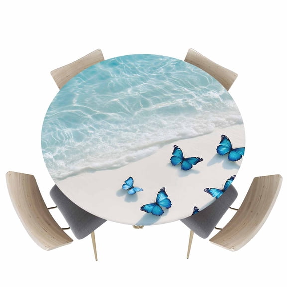 Coastal Ocean Sea Water Butterfly Fitted Round Tablecloths Elastic Edged Table Covers 36"-44",Summer Beach Theme Waterproof Dining Room Kitchen Table Cloth for Holiday Party Tables Decor