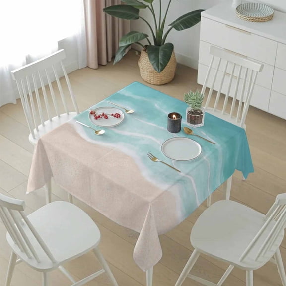 Coastal Ocean Sea Wave Table Cloth 54x54in, Waterproof Square Tablecloth Wipeable Tablecloths Teal Beige Water Ripple Table Covers for Dining Tables Party Indoor Outdoor