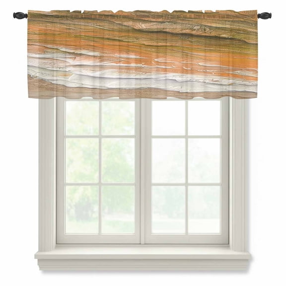 Coastal Ocean Semi Sheer Valance Curtains Beach Dark Orange Waves Gradient Oil Painting Voile Valances Curtain Rod Pocket Small Window Treatment for Kitchen Bathroom Cafe 60"x18"