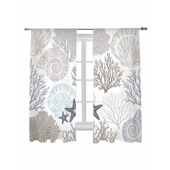 Coastal Ocean Sheer Curtains 2 Panels Set Starfish Shell Coral Modern Art Lihgt Filtering Rod Pocket Voile Drape, Semi Sheer Window Curtains for Bedroom Living Room, 52"x72"
