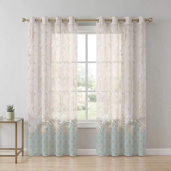 Coastal Ocean Sheer Curtains 63 Inch Long 2 Panels, Sea Shell Coastal Beach Mint Green Sandy Tan Wood Grain Light Filtering Semi Sheer Drapes Grommet Voile Window Curtain for Living Bedroom W42 x L63