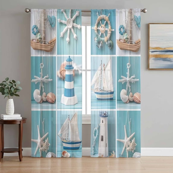 Coastal Ocean Sheer Curtains 84 Inch Length 2 Panels Set, Nautical Lighthouse Blue Wooden Voile Window Treatment Rod Pocket Curtains Sheers Drapes for Bedroom/Living Room/Kitchen 52"x84"x2