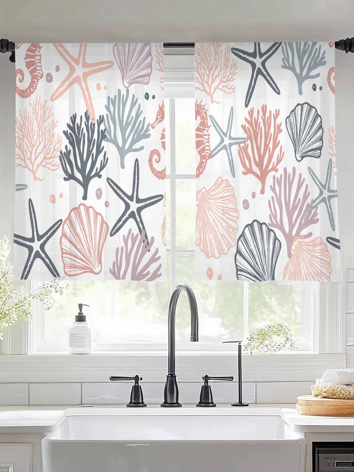 Coastal Ocean Sheer Curtains for Living Room Bedroom Green Pink Coral