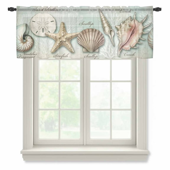 Coastal Ocean Sheer Valances for Windows, Sand Dollar Shells Starfish Teal Green Retro Semi Sheer Kitchen Valance Rod Pocket Small Voile Window Curtains for Living Room Bedroom 42 x 12 Inch