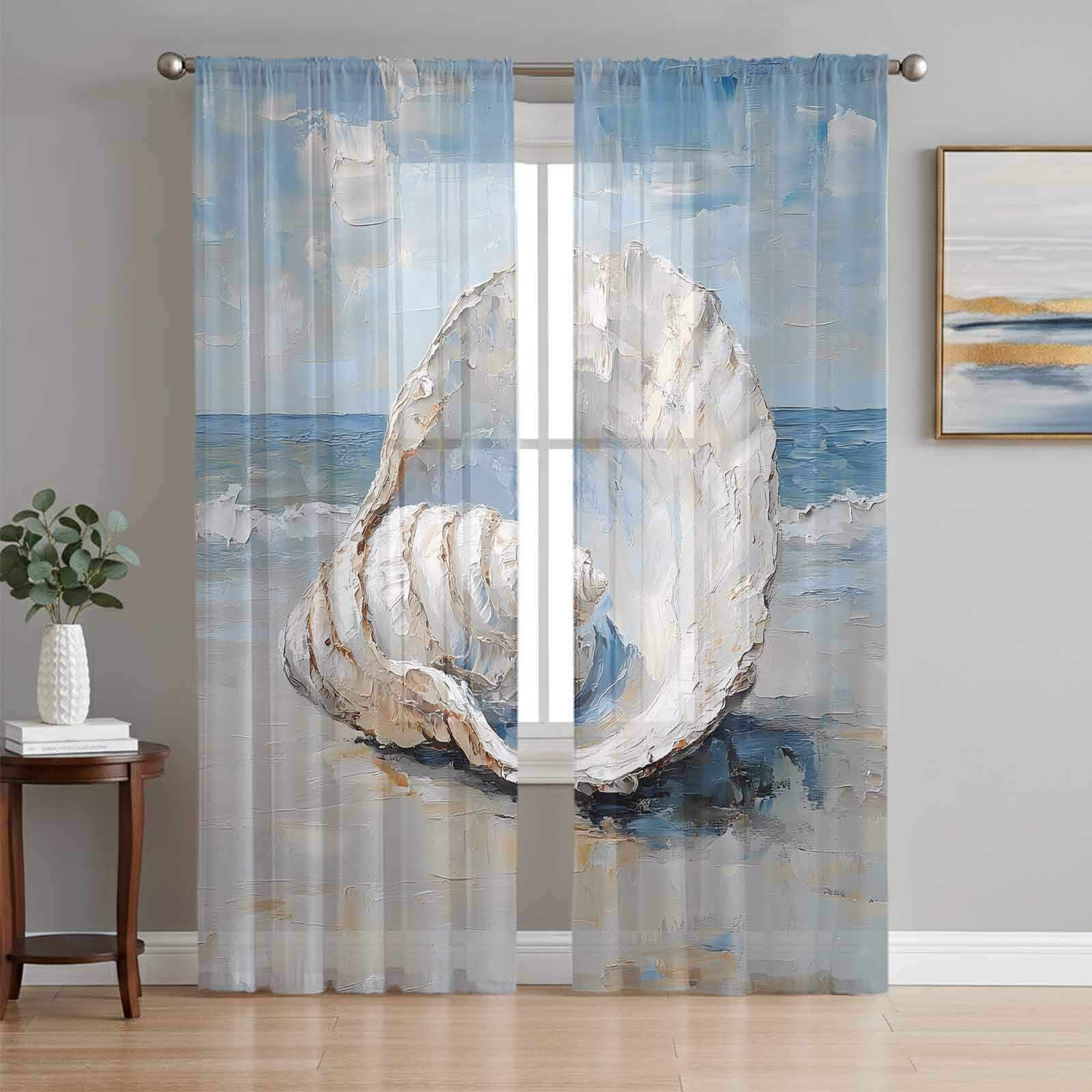 Coastal Ocean Shells Sheer Curtains 96 Inch Length 2 Panels Set, Modern ...