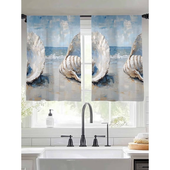 Coastal Ocean Shells Sheer Curtains for Living Room Bedroom Modern Beach Oil Abstract Painting Sheer Curtains 45 Inch Long 2 Panels Set Light Filtering Curtain Window Treatments Drapes