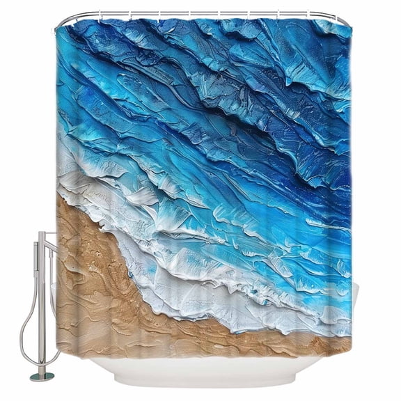 Coastal Ocean Shower Curtain, 72" x 72", Beach Dark Blue Waves Gradient Oil Painting Waterproof Bathroom Curtain Washable Shower Curtain Set with 12 Hooks
